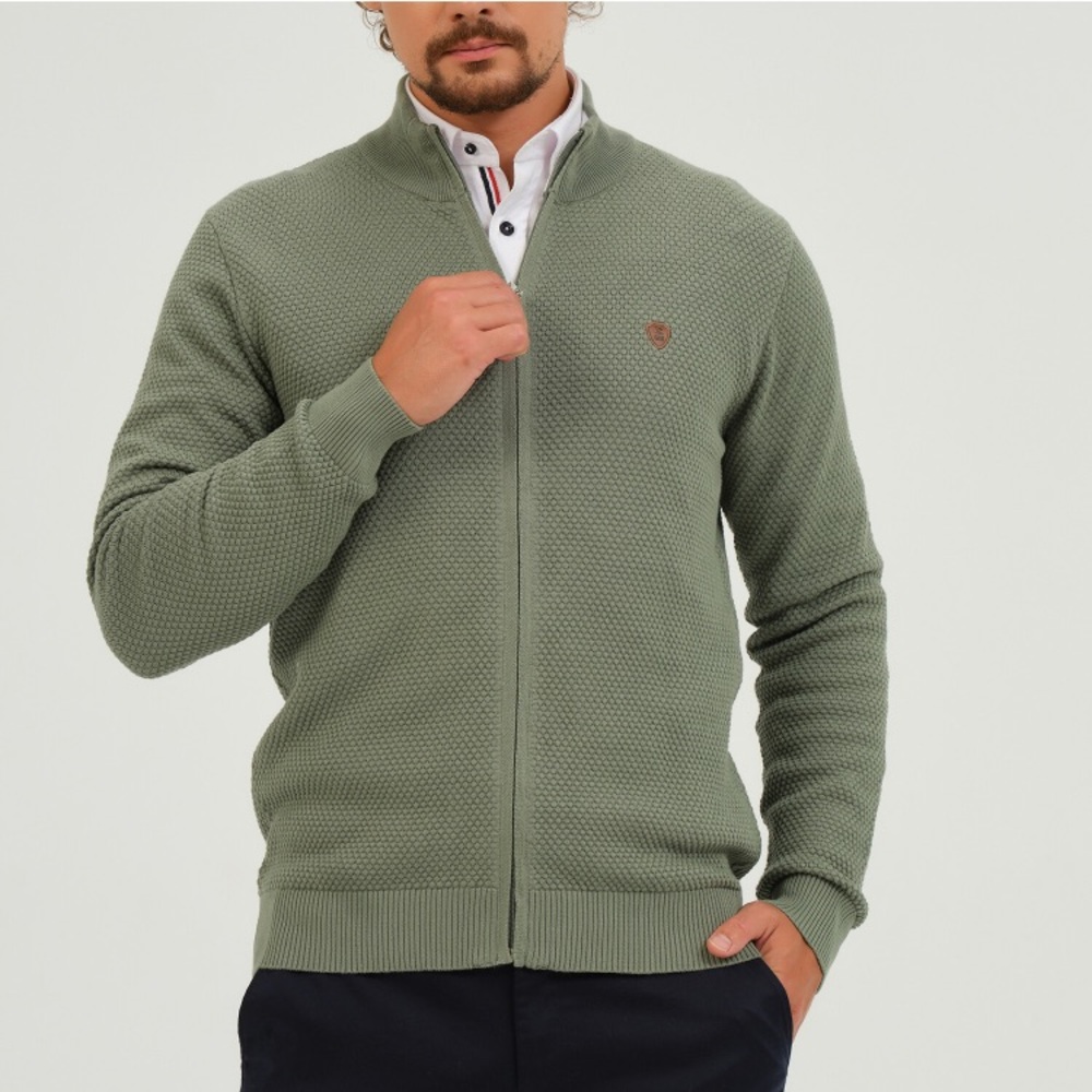 GIORGIO DI MARE BIRDSEYE KNIT FULL ZIP SWEATER // SAGE GREEN. Size S